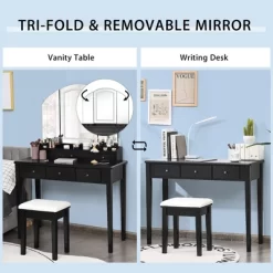 Costway Vanity Table Stool Set Large Tri-folding Lighted Mirror 6 Drawer Dresser WhiteBlack -Furniture Specialty Store GUEST 01e8dd9e 2cd0 4a7f 94fb 99b9a810ae9b