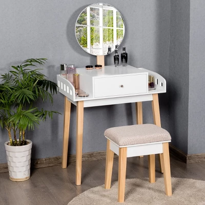 Costway Wooden Vanity Makeup Dressing Table Stool Round W/Drawer 5 Costway Wooden Vanity Makeup Dressing Table Stool Round W/Drawer - Image 3