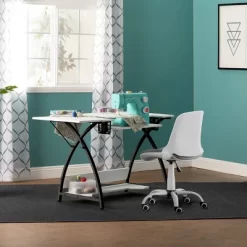 Comet Plus Sewing/Office Table With Fold Down Top, Height Adjustable Platform And Bottom Storage Shelf Black/White - Sew Ready