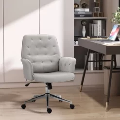 Vinsetto Mid-Back Tufted Velvet Fabric Home Office Desk Chair With Adjustable Height Swivel Adjustable Task Chair With Padded Armrests Light Gray