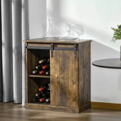 HOMCOM Industrial Sideboard Storage Cabinet, Serving Bar Buffet With Sliding Barn Door And 6-Bottle Wine Rack