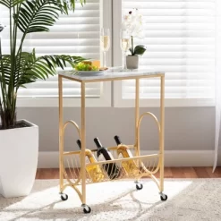 Jacek Metal Wine Cart With Marble Tabletop Gold - Baxton Studio -Furniture Specialty Store GUEST 1043db00 9c5b 4936 8fa8 eb3b6b0919cd
