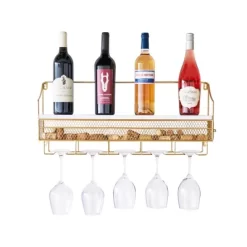 Twine Gold Wall Mounted Wine Rack, Holds 8 Standard Wine Bottles, Wood And Cast Iron, Cork Storage, Holds 5 Wine Glasses, Gold Finish -Furniture Specialty Store GUEST 12ffaea0 3263 4019 acf3 b22f0a3be3f6