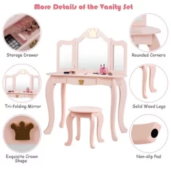 Costway Kids Makeup Dressing Table Chair Set Princess Vanity & Tri-folding Mirror -Furniture Specialty Store GUEST 130bdd20 4433 4e9d 837b 7c08bdbe60c4