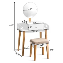 Costway Wooden Vanity Makeup Dressing Table Stool Round W/Drawer