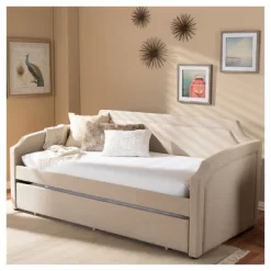 Parkson Modern And Contemporary Linen Fabric Curved Notched Corners Sofa Daybed With Roll - Out Trundle Guest Bed - Twin - Baxton Studio -Furniture Specialty Store GUEST 1a385ab4 4415 4a0c 96e8 ac6cf945e1cc