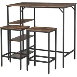HOMCOM Industrial 3 Piece Dining Table Set, Counter Height Bar Table And Chairs Set, Kitchen Bistro Table Set With Storage Shelf And Stools, Brown -Furniture Specialty Store GUEST 1dcee0c9 b628 40ab 9695 e6f9b216a54e