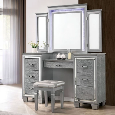 2pc Mallery Vanity Set With Stool Silver - HOMES: Inside + Out 3 2pc Mallery Vanity Set With Stool Silver - HOMES: Inside + Out