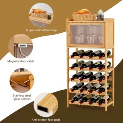 Costway 20-Bottle Bamboo Wine Rack Cabinet Freestanding Display Shelf W/ Glass Hanger -Furniture Specialty Store GUEST 215e70cf 6f02 4519 8940 b9d803b1c43c