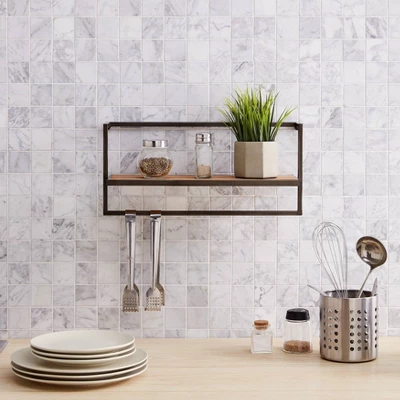 17" X 7.9" Floating Industrial Wood Wall Shelf With Metal Towel Bar Black - Danya B. 8 17" X 7.9" Floating Industrial Wood Wall Shelf With Metal Towel Bar Black - Danya B. - Image 6