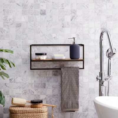 17" X 7.9" Floating Industrial Wood Wall Shelf With Metal Towel Bar Black - Danya B. 7 17" X 7.9" Floating Industrial Wood Wall Shelf With Metal Towel Bar Black - Danya B. - Image 5