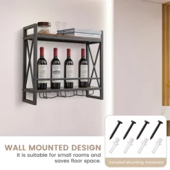 Costway Wall Mounted Wine Rack Industrial 2-Tier Wood Shelf With 3 Stem Glass Holders -Furniture Specialty Store GUEST 2c5d0dbe d99b 41c8 94bf 1838012e1c48