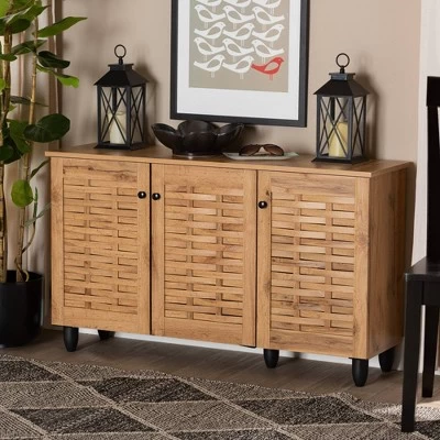 Winda Wood 3 Door Shoe Cabinet Oak Brown/Black - Baxton Studio 8 Winda Wood 3 Door Shoe Cabinet Oak Brown/Black - Baxton Studio - Image 6