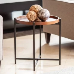 Mid-Century Modern Round Side Table With Removable Wood Tray Brown - Danya B.