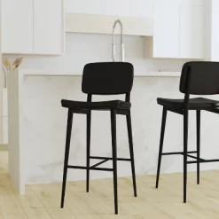 Set Of 2 Faux Leather Contemporary Black Metal Frame Barstools With Integrated Footrest - Merrick Lane -Furniture Specialty Store GUEST 33614f98 4e7e 47bb 8a3d 411978dd7982