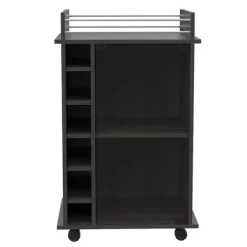TUHOME Portable Dukat Wine And Liquor Bar Storage Display Cabinet Cart With Glass Door, 4 Wheels, 2 Shelves, And 6 Cubbies