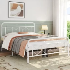 Yaheetech Queen Size Vintage Metal Bed Frame With Headboard, White