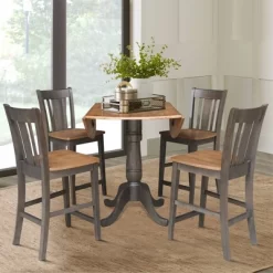 5pc 42" Round Dual Drop Leaf Counter Height Dining Table With 4 Splat Back Stools Hickory/Washed Coal - International Concepts -Furniture Specialty Store GUEST 3cfa328d 1227 4a52 9b0b 229690954e07