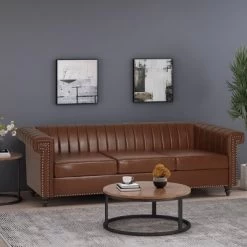 Drury Contemporary Channel Stitch 3 Seater Sofa With Nailhead Trim - Christopher Knight Home