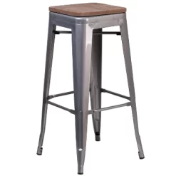 Merrick Lane Clear Coated Gray Metal Bar Counter Stool With Textured Walnut Elm Wood Seat -Furniture Specialty Store GUEST 49b3133e 33e9 45c9 8b0d 9d562fb35960