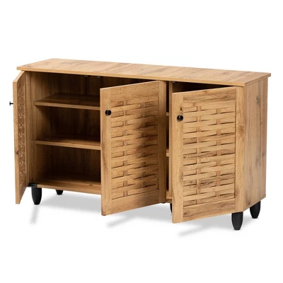 Winda Wood 3 Door Shoe Cabinet Oak Brown/Black - Baxton Studio 3 Winda Wood 3 Door Shoe Cabinet Oak Brown/Black - Baxton Studio