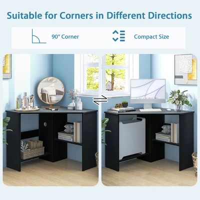 Costway Corner Computer Desk Triangle Writing Workstation W/ Storage Shelf WhiteBlack 8 Costway Corner Computer Desk Triangle Writing Workstation W/ Storage Shelf WhiteBlack - Image 6