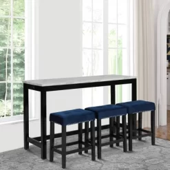 60" 4pc Bar Dining Set With Upholstered Stools Blue - Benzara -Furniture Specialty Store GUEST 4a0b8504 47db 4d49 987a ecbc6105ed4b