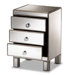Ewan Mirrored 3 Drawer Nightstand Silver - Baxton Studio