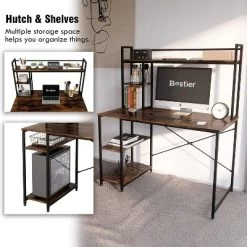 Bestier Computer Home Office Desk With Metal Frame, Hutch, Bookshelf, Under Desk Storage, And Working Table For Small Bedroom Space