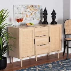 Harrison Wood And Rattan 3 Drawer Sideboard Dining Cabinet Natural Brown/Black - Baxton Studio -Furniture Specialty Store GUEST 5c409941 d1c4 4141 93b6 c1d21e550808