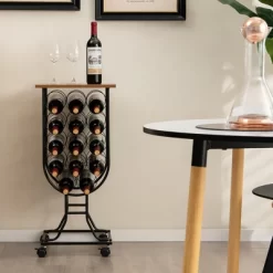 Costway 14 Bottles Wine Rack Console Table Freestanding Wine Storage With Woodtop & Wheels -Furniture Specialty Store GUEST 5e087852 cef3 4879 a309 484cd8ae0145