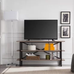 Triple Shelf Metal X-Accent TV Stand With Gray Oak Wood Shelves - Henn&Hart -Furniture Specialty Store GUEST 5e2e7682 0c4c 4a8a bdce 72a1a0178240