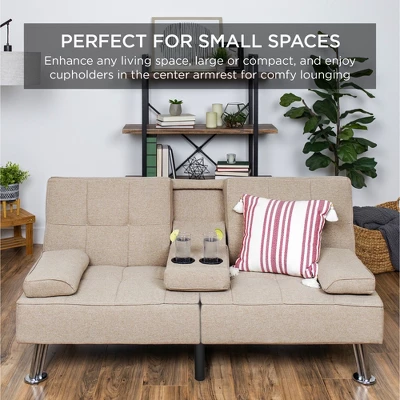 Best Choice Products Modern Linen Convertible Futon Sofa Bed W/ Removable Armrests, Metal Legs, Cupholders 7 Best Choice Products Modern Linen Convertible Futon Sofa Bed W/ Removable Armrests, Metal Legs, Cupholders - Image 5