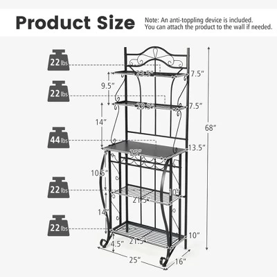 Costway 5-Tier Metal Kitchen Bakers Rack Microwave Storage Rack Oven Stand With Wine Organizer 5 Costway 5-Tier Metal Kitchen Bakers Rack Microwave Storage Rack Oven Stand With Wine Organizer - Image 3