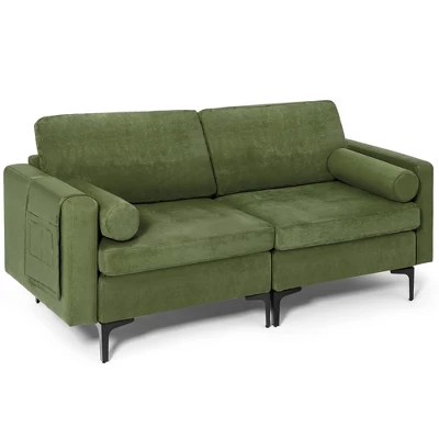 Costway Modern Loveseat 2-Seat Sofa Couch W/ 2 Bolsters & Side Storage Pocket Army Green 11 Costway Modern Loveseat 2-Seat Sofa Couch W/ 2 Bolsters & Side Storage Pocket Army Green - Image 9