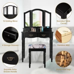 Costway Black Tri Folding Mirror Vanity Makeup Table Stool 4 Drawers 17 Costway Black Tri Folding Mirror Vanity Makeup Table Stool 4 Drawers -Furniture Specialty Store GUEST 63e8e497 7156 4d7f a37a b000cdd675ca
