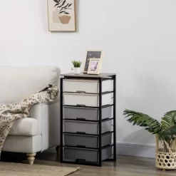 HOMCOM Dresser Storage Drawers With 6 Plastic Bins And Steel Frame, Crafting Bins For Living Room, Bedroom, Grey