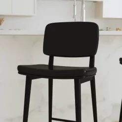 Set Of 2 Faux Leather Contemporary Black Metal Frame Barstools With Integrated Footrest - Merrick Lane
