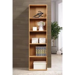 Hodedah Import 12 D X 16 W X 60 H Inch 5 Shelf Bookcase Storage Organizer Solution For Living Room, Bedroom, Or Office, Beech Wood Finish -Furniture Specialty Store GUEST 7252a95c 519e 4235 a86f 832aa258625e