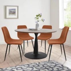 Harold+Bingo 5-Piece Walnut Foil Round Top Pedestal Dining Table Set With 4 Upholstered Chairs -Maison Boucle‎ -Furniture Specialty Store GUEST 754149a8 f170 4b46 9ecb 020a5f799f6b