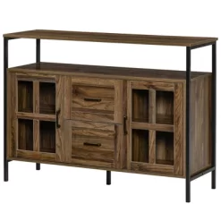 HOMCOM Rustic Kitchen Sideboard, Serving Buffet Storage Cabinet With Adjustable Shelves, Glass Doors, And 2 Drawers For Living Room -Furniture Specialty Store GUEST 78279ea9 0b54 4dd2 8597 27fe634454c6