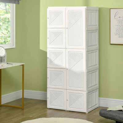 HOMCOM Portable Wardrobe Closet, Folding Bedroom Armoire, Clothes Storage Organizer With Cube Compartments, Hanging Rod, Magnet Doors, White 3 HOMCOM Portable Wardrobe Closet, Folding Bedroom Armoire, Clothes Storage Organizer With Cube Compartments, Hanging Rod, Magnet Doors, White