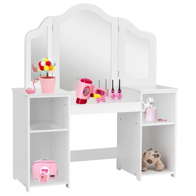 Costway Vanity Table Set Makeup Dressing Kids Girls Study Table Tri Folding Mirror WhitePink 5 Costway Vanity Table Set Makeup Dressing Kids Girls Study Table Tri Folding Mirror WhitePink - Image 3