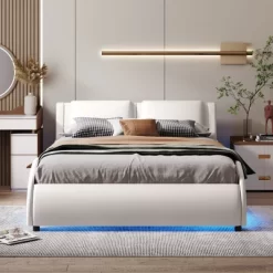 Upholstered Faux Leather Platform Bed With LED Light Bed Frame With Slatted-ModernLuxe