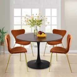 Harold+Flavia 5-Piece Walnut Foil Round Top Pedestal Dining Table Set With 4 Upholstered Chairs -The Pop Maison