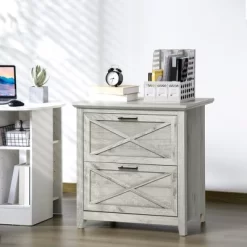 HOMCOM Retro Wooden 2-Drawer Lateral File Chest Cabinet Pedestal For Document Storage With Hanging Bar For Letter/Legal Size, Gray