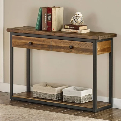 Claremont Rustic Wood Console Table With Two Drawers And Low Shelf Dark Brown - Alaterre Furniture 3 Claremont Rustic Wood Console Table With Two Drawers And Low Shelf Dark Brown - Alaterre Furniture