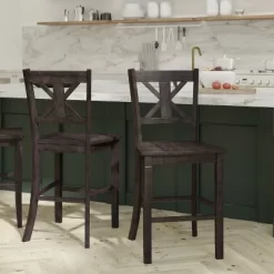 Emma And Oliver Set Of 2 Wooden Modern Farmhouse Bar Height Dining Stool With Decorative Carved Backrest And Wood Seat