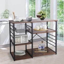 Wood And Metal Bakers Rack With 4 Shelves And Wire Basket Brown/Black - Benzara -Furniture Specialty Store GUEST 95eb2ce4 d59f 45a6 85a9 d9cb36f56ba4