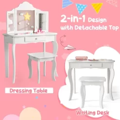 Costway Kid Vanity Table Set With Tri-folding Mirror 2-in-1 Makeup Dressing Table Stool Set -Furniture Specialty Store GUEST 982c03c6 0f40 401f a5cf cb878139b730